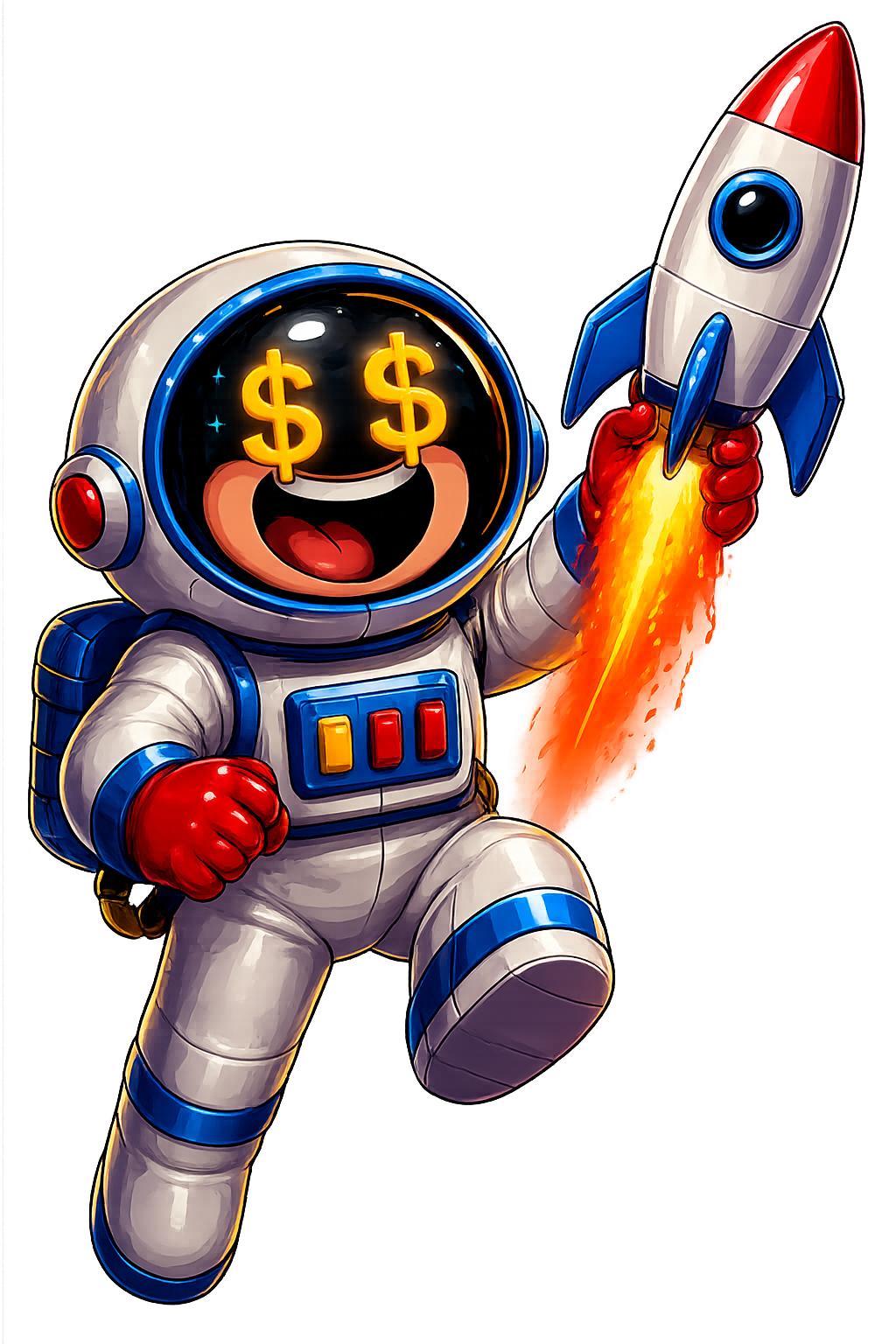 Market in Space mascot astronaut holding a rocket
