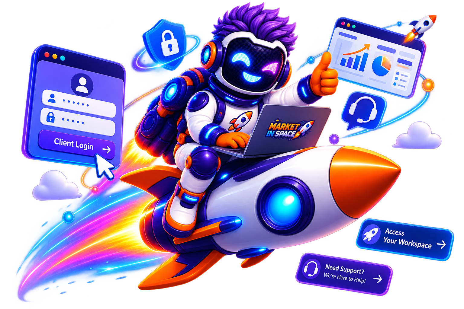 Market in Space mascot guiding clients into their workspace