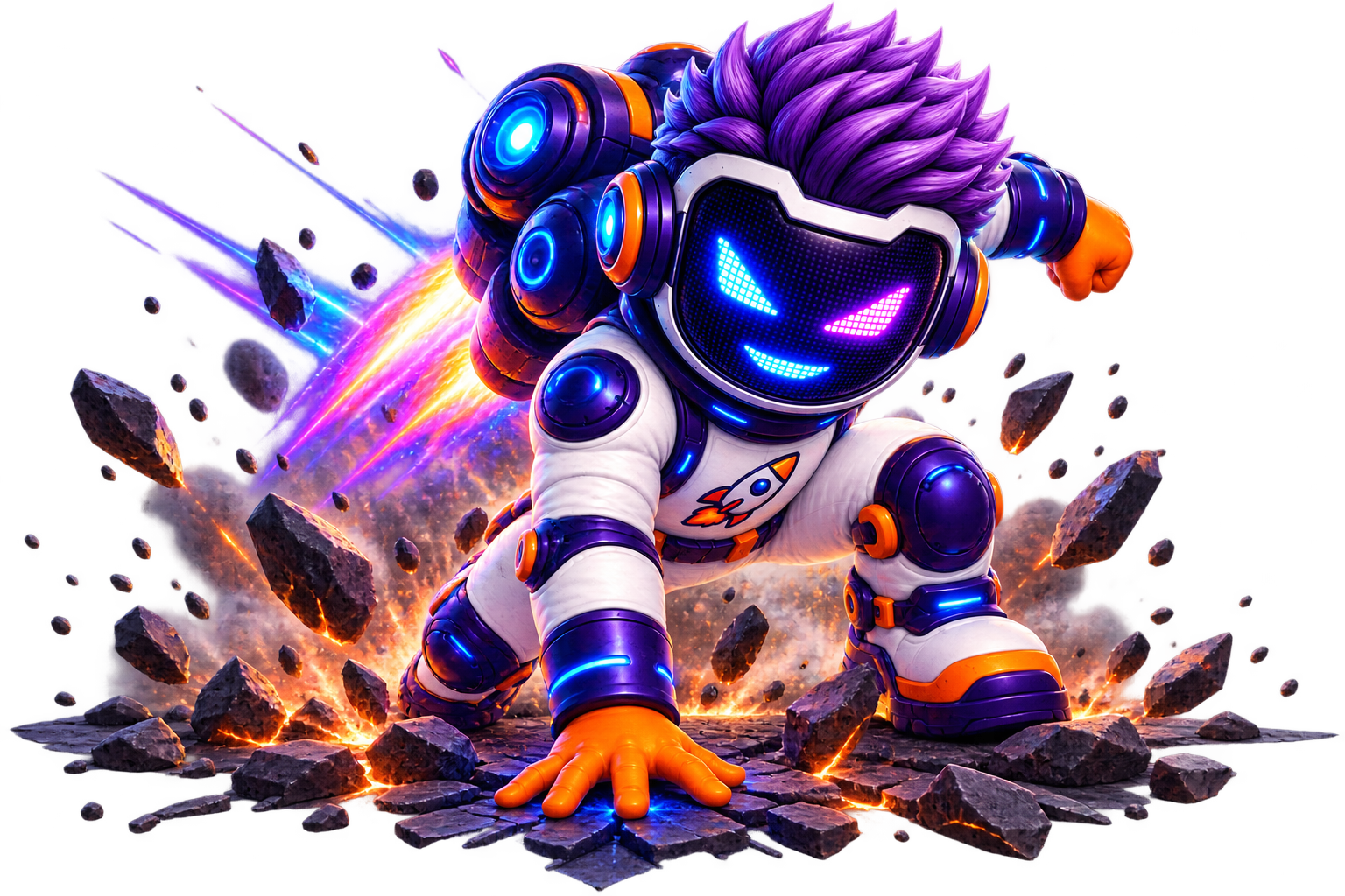 Market in Space mascot landing in a powerful action pose