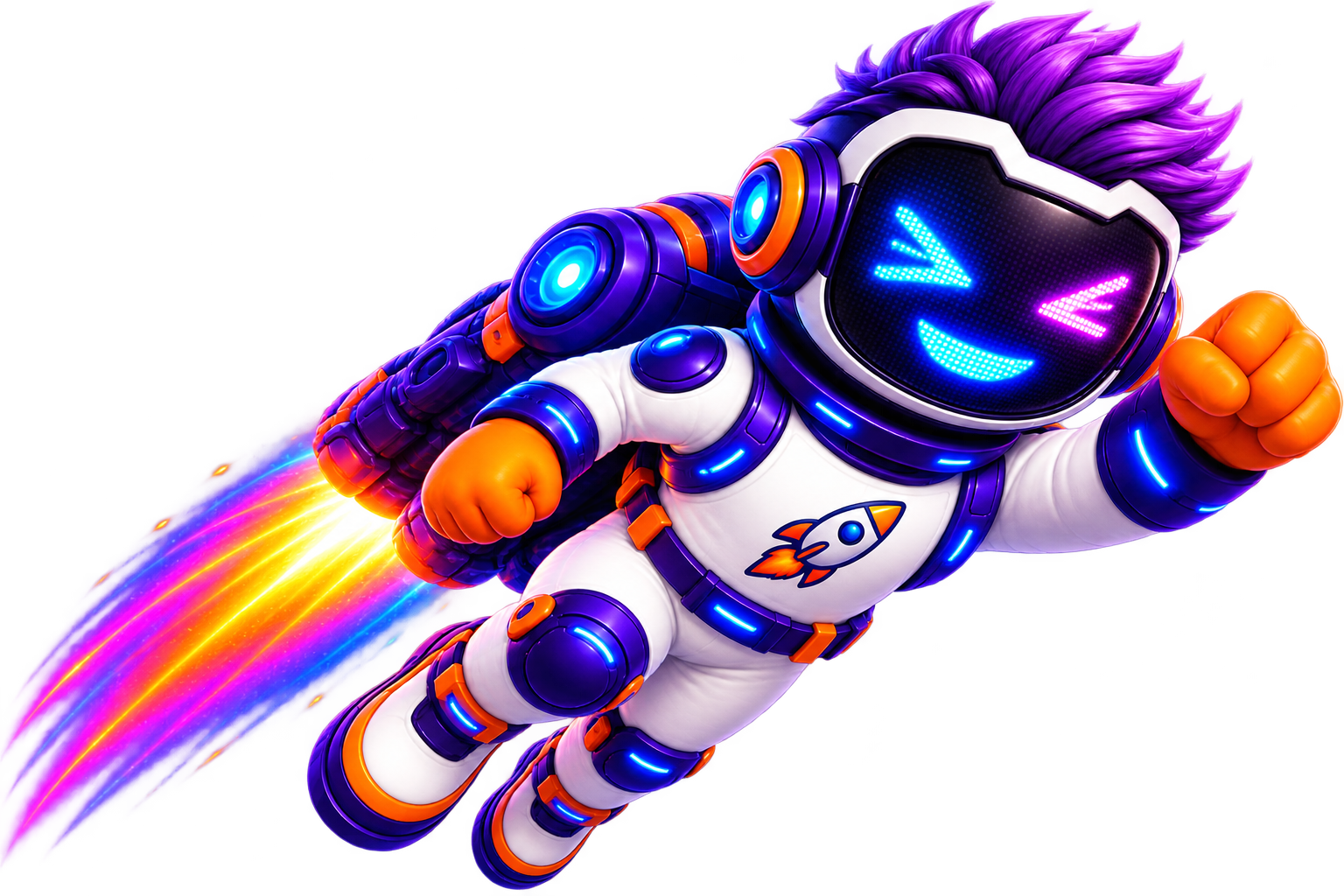 Market in Space mascot flying forward with launch energy