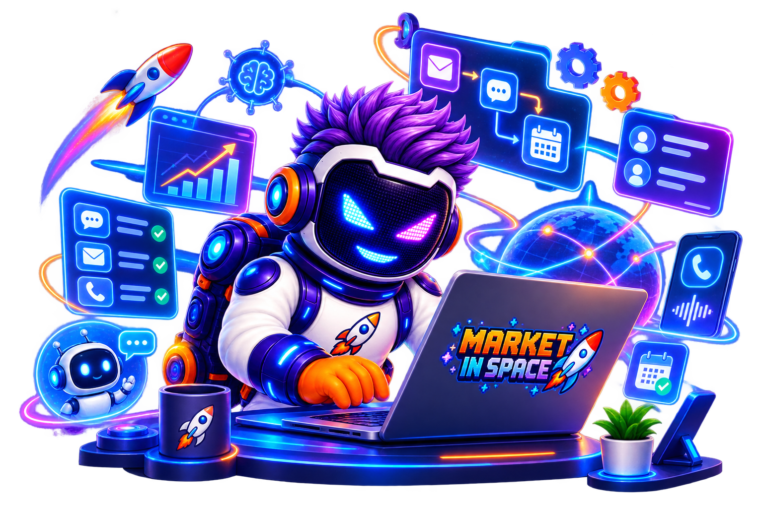 Market in Space mascot working through automation systems on a laptop