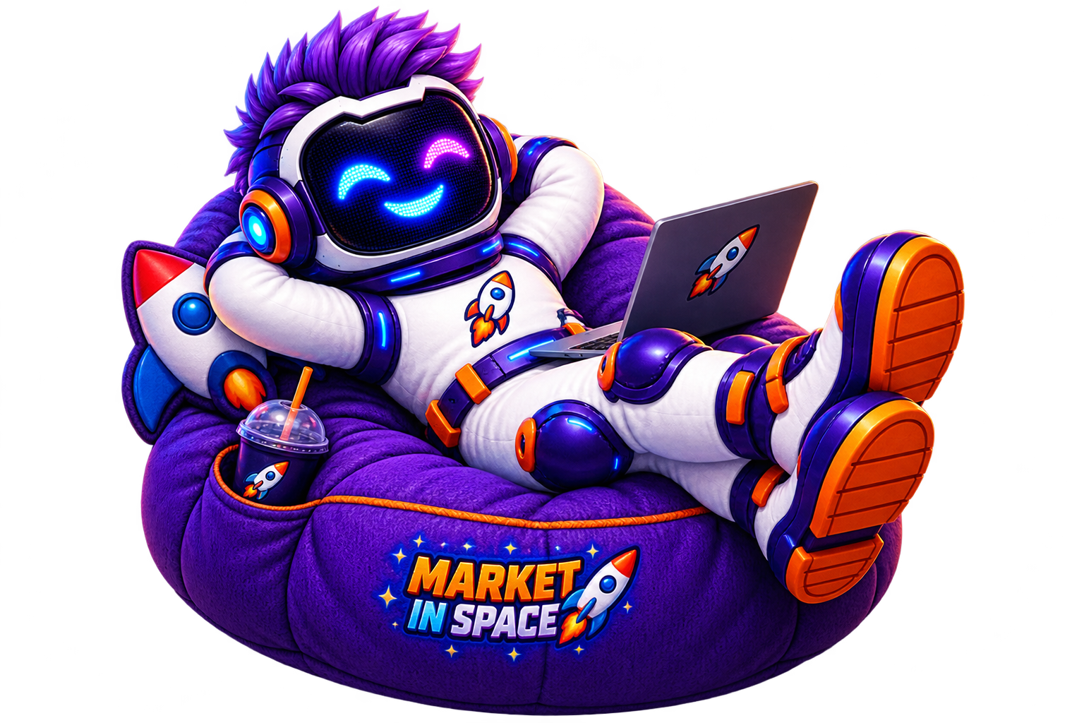 Market in Space mascot relaxing while automation handles the heavy lifting